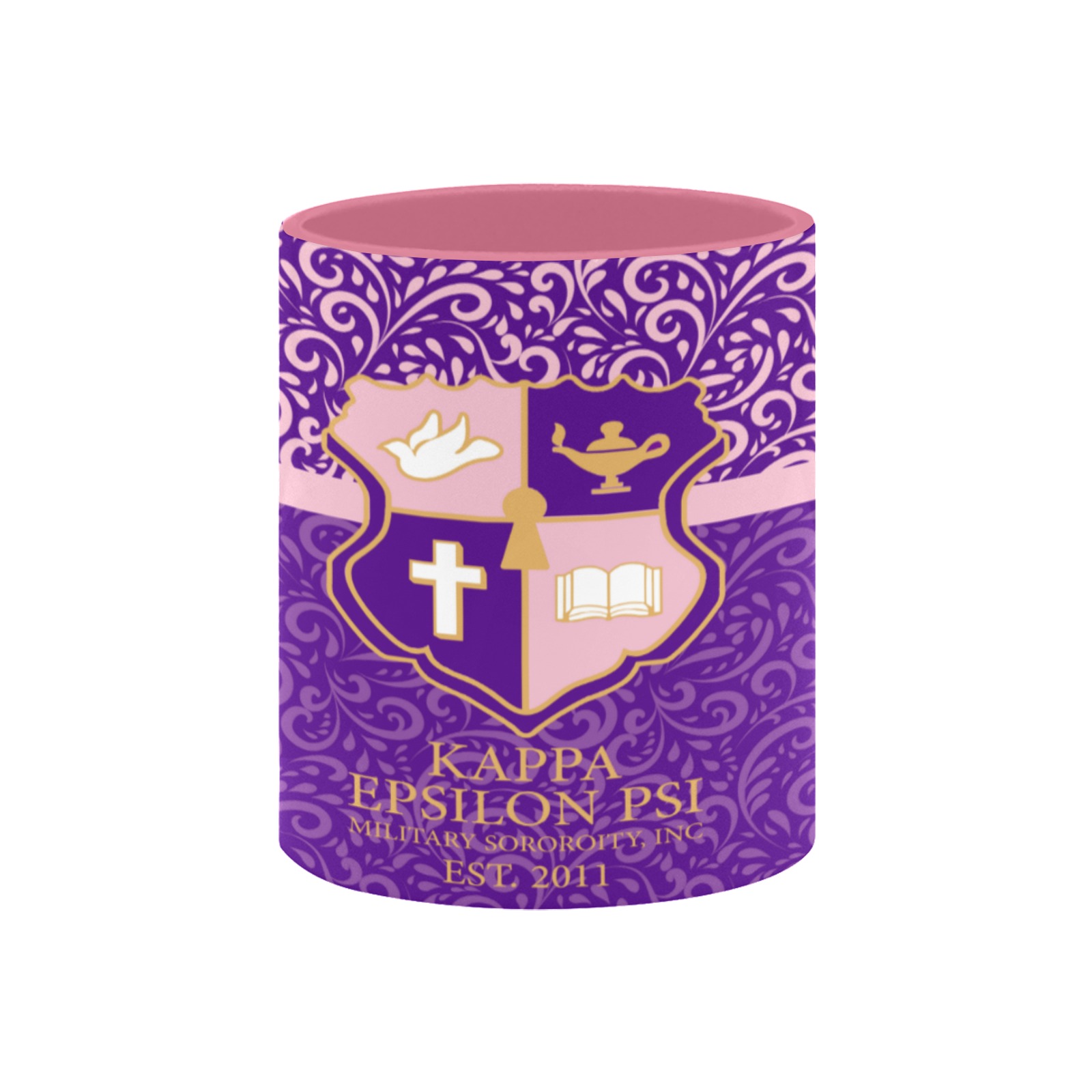 Decorative purple sorority tumbler with crest and symbols.