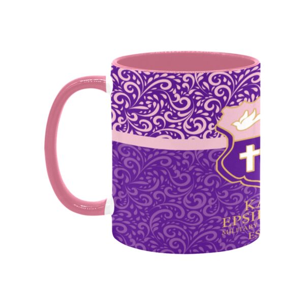 Purple floral coffee mug with emblem design.