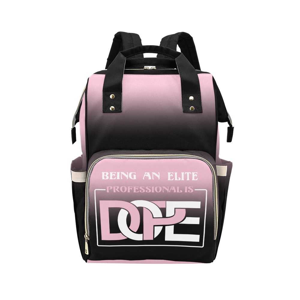 Black and pink stylish backpack with text design.