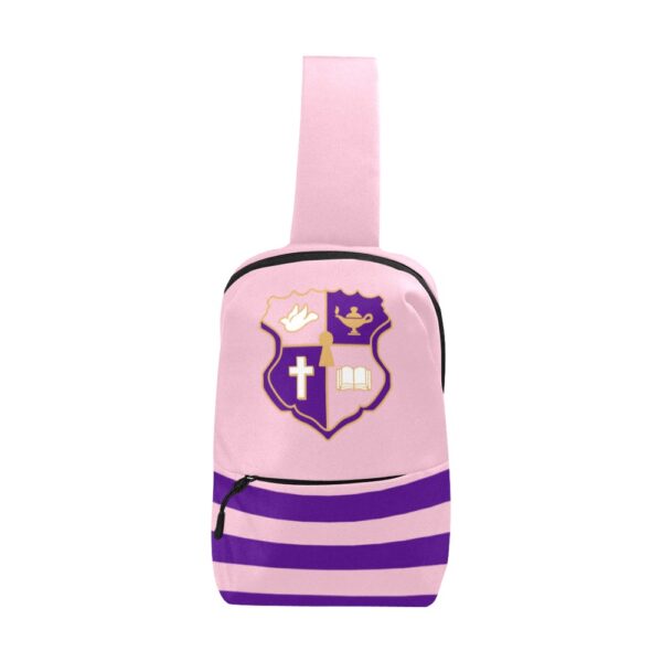 Pink and purple striped backpack with crest design.
