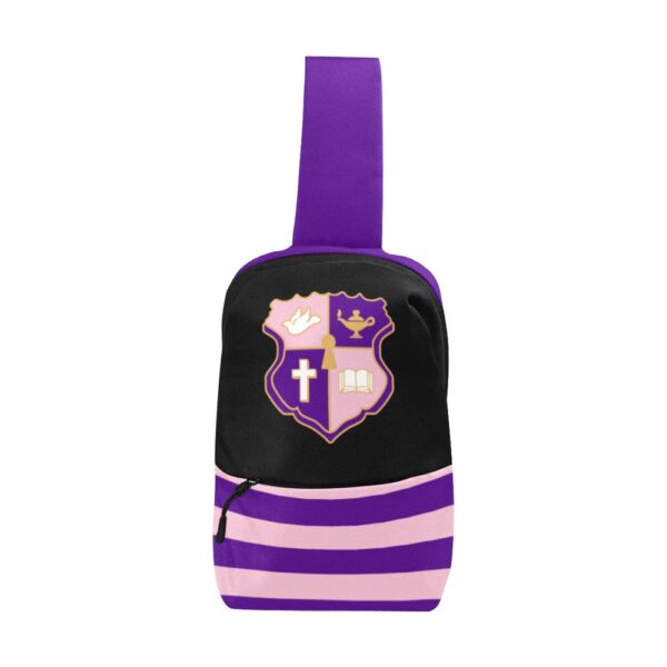 Purple striped backpack with crest design.