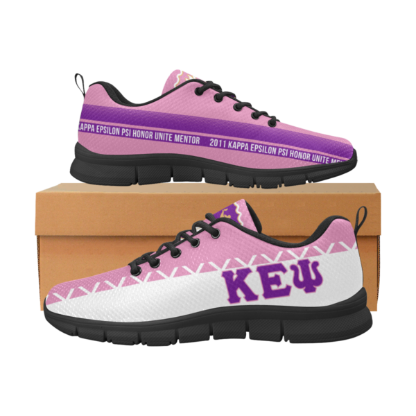 Purple and white custom sneakers with Greek letters.