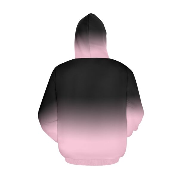Black to pink ombre hoodie, back view.