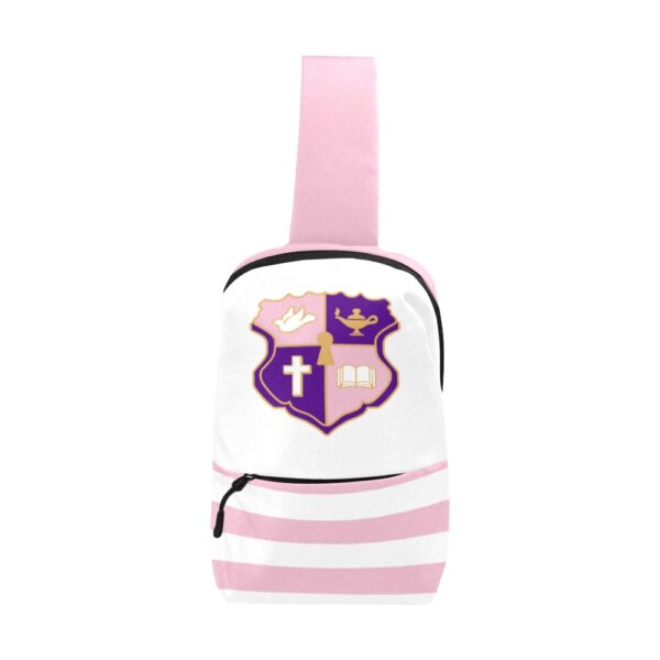 Pink striped backpack with shield crest design