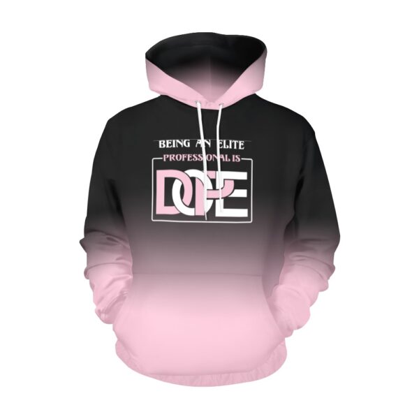 Black and pink hoodie with motivational text design.