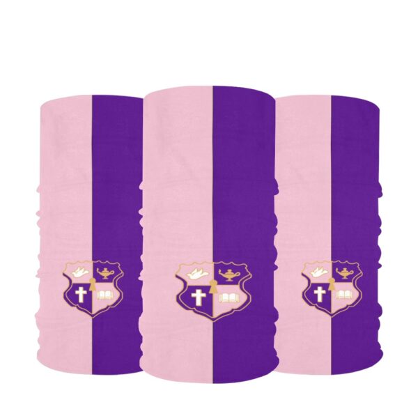 Three purple-striped, shield-adorned paper cups.