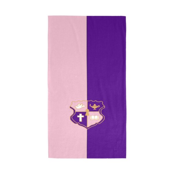 Pink and purple flag with crest design.