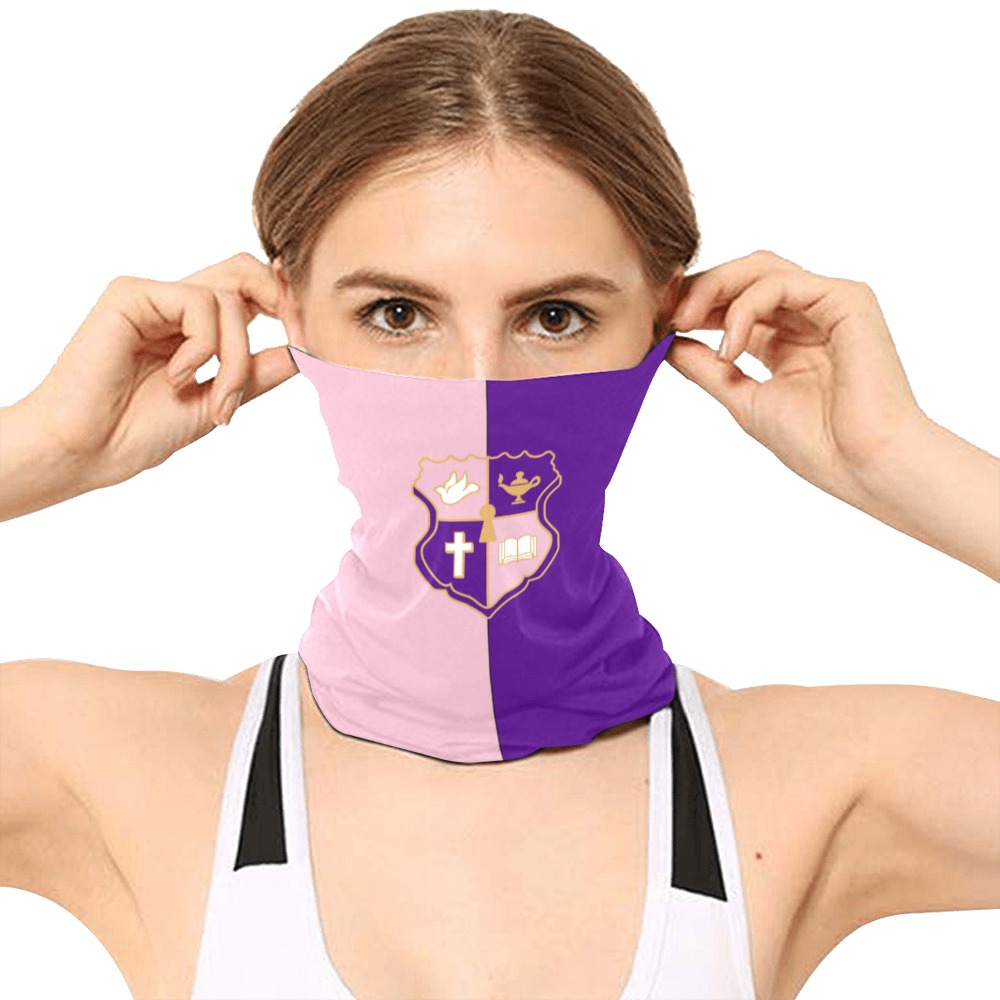 Woman wearing a purple sports face mask.
