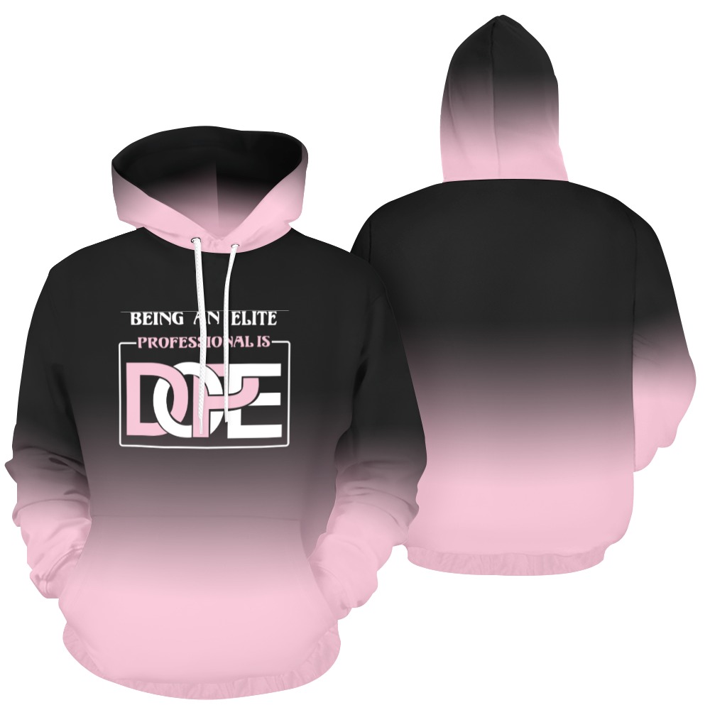 Black and pink hoodie with motivational quote design.