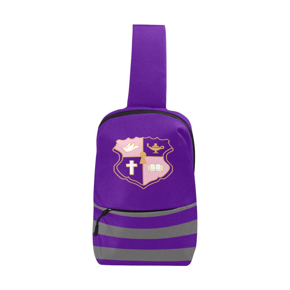 Purple sling backpack with crest design