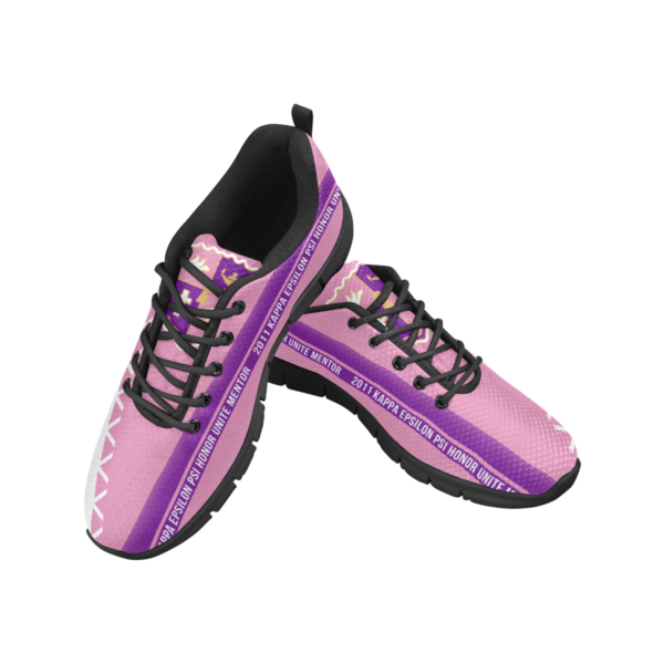 Purple and black athletic shoes with text design.