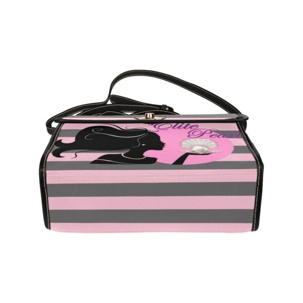 Striped handbag with floral and silhouette design.