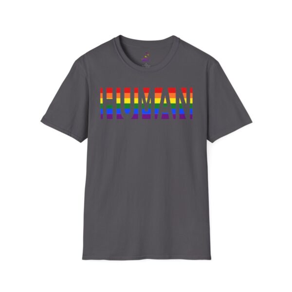 Gray t-shirt with colorful "HUMAN" text design.