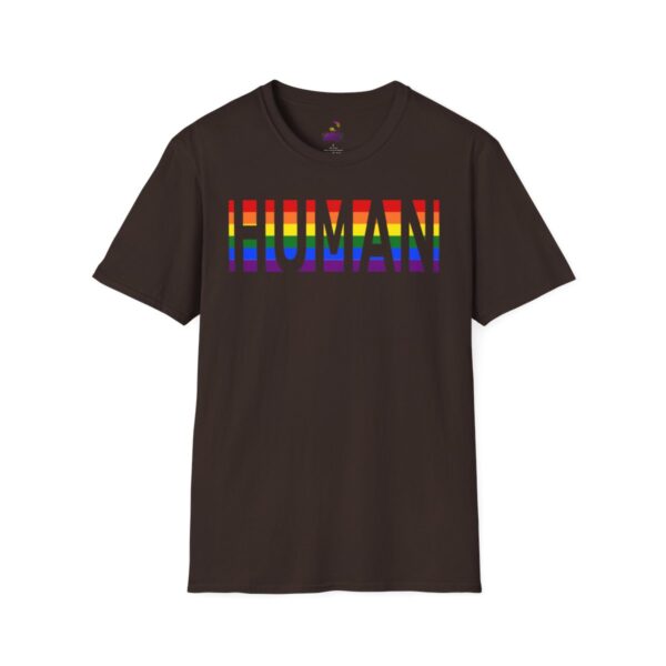 Rainbow-colored "HUMAN" text on black t-shirt.