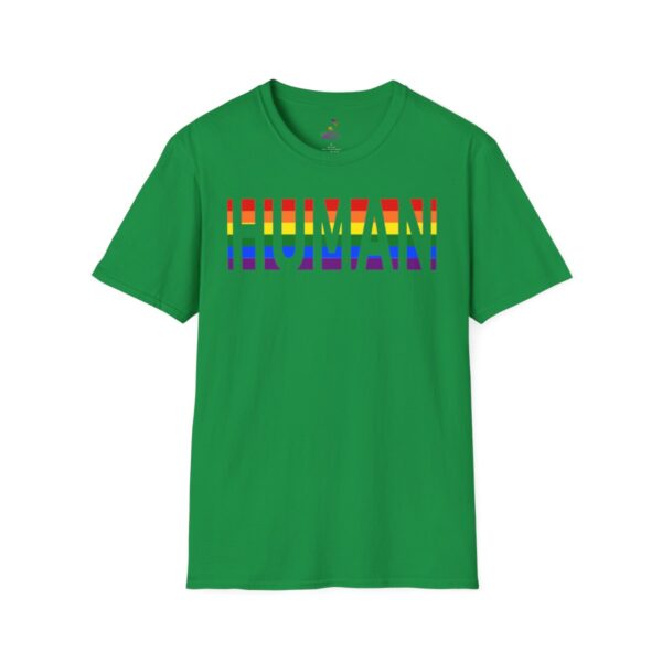 Green t-shirt with rainbow 'HUMAN' text design.
