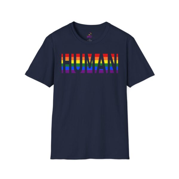 Navy t-shirt with rainbow "HUMAN" print.