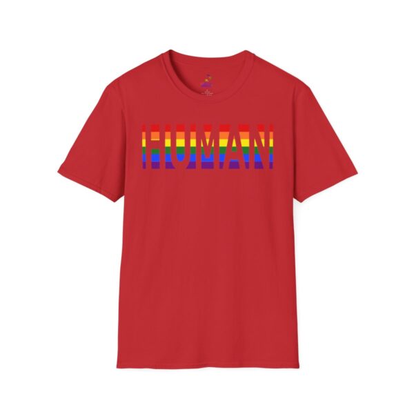 Red t-shirt with "HUMAN" text design.