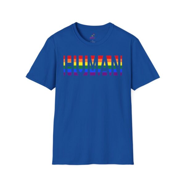 Blue t-shirt with colorful "HUMAN" text design
