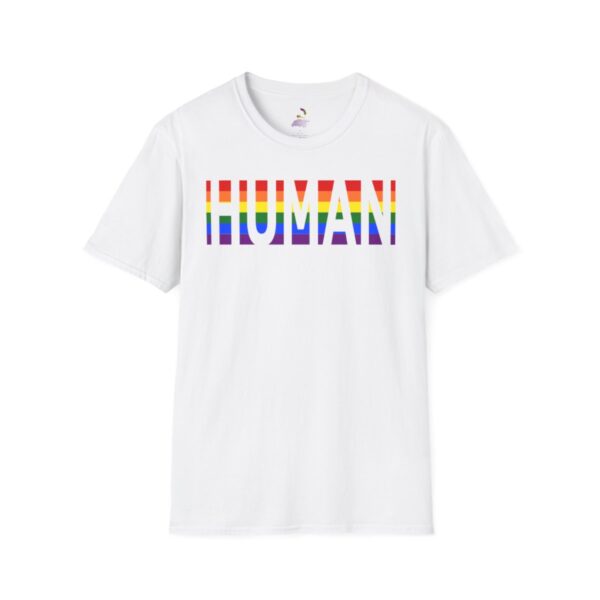 Colorful 'HUMAN' text on white t-shirt design.