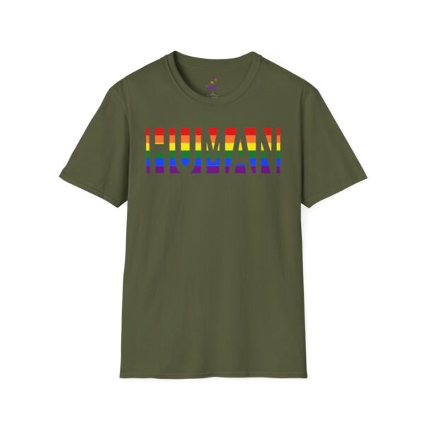 Green t-shirt with rainbow "HUMAN" print.