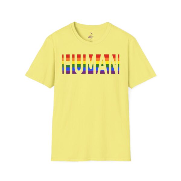 Yellow t-shirt with colorful "HUMAN" text design
