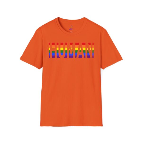 Orange t-shirt with "HUMAN" in rainbow colors.