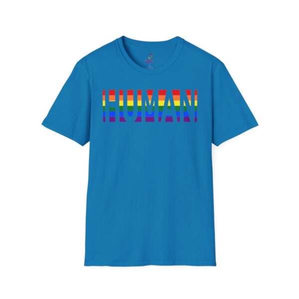 Blue t-shirt with colorful "HUMAN" text design.