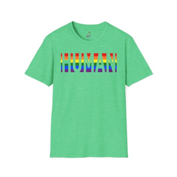 Green t-shirt with rainbow 'HUMAN' text design.