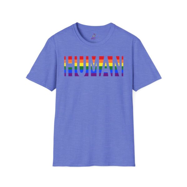 Blue t-shirt with rainbow "HUMAN" print.
