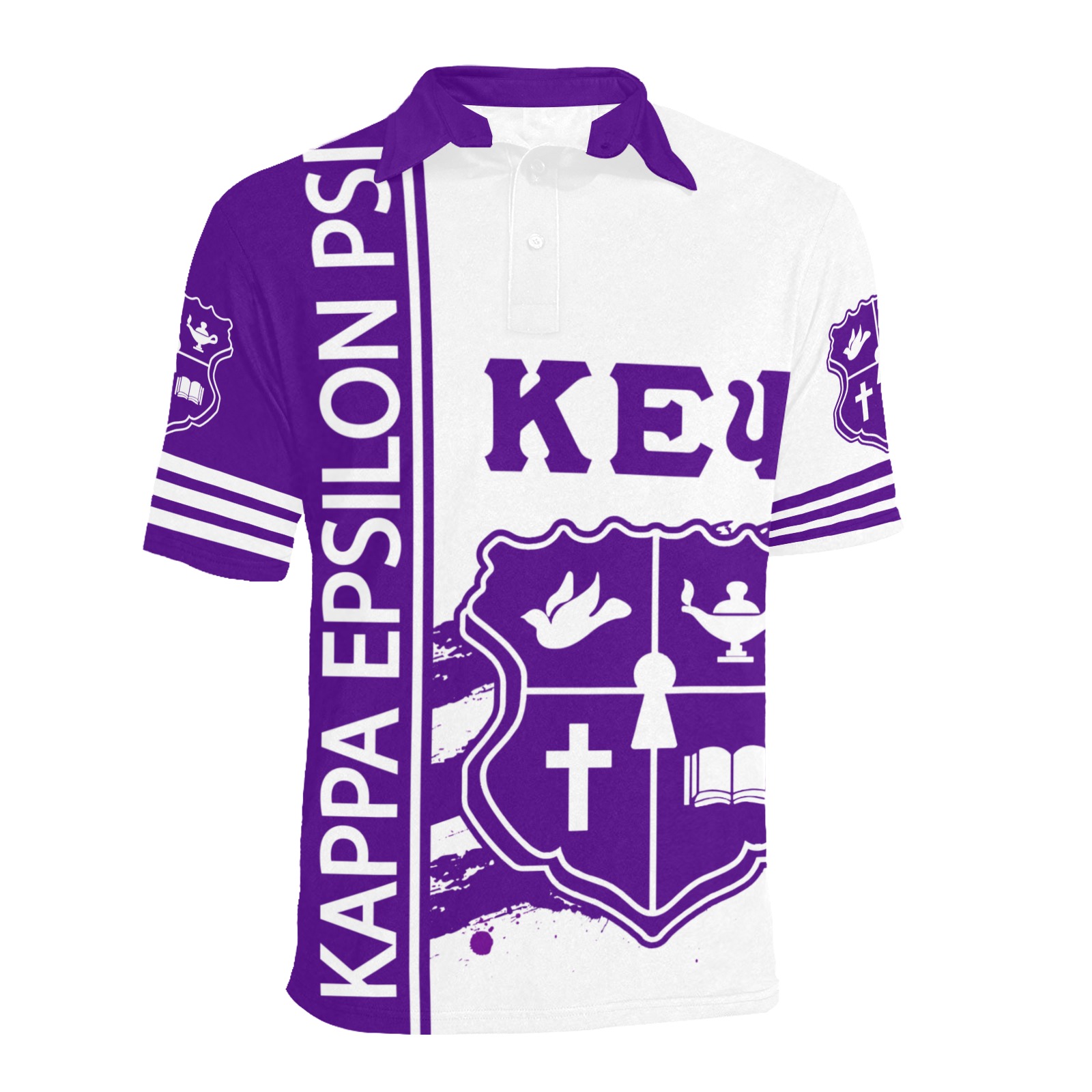Purple and white fraternity polo shirt design.