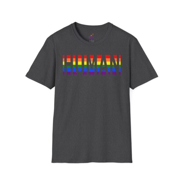 Gray t-shirt with rainbow "HUMAN" text design.