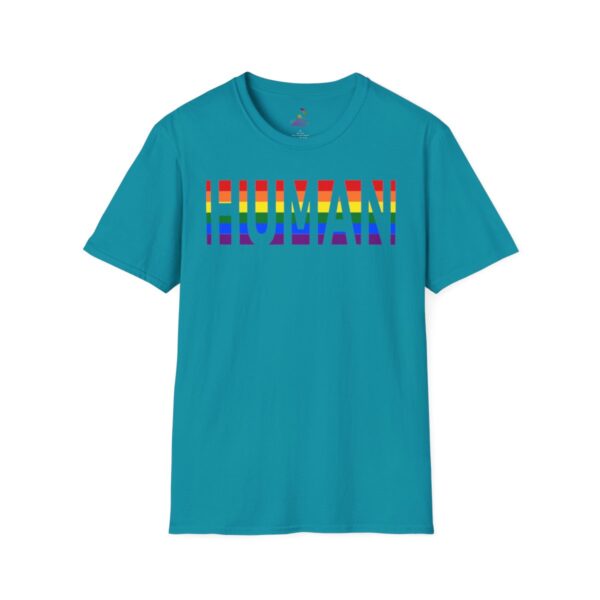 Colorful "HUMAN" text on teal t-shirt.