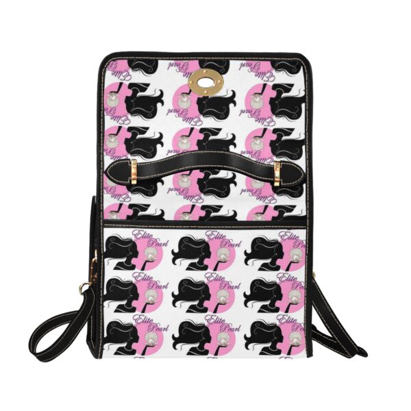 Patterned backpack with poodle silhouettes and pink accents.