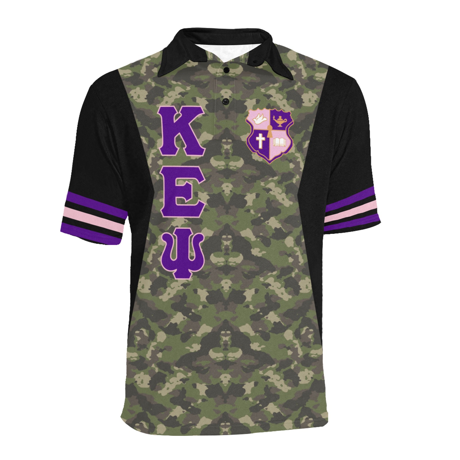 Camo pattern polo shirt with purple accents and emblem.