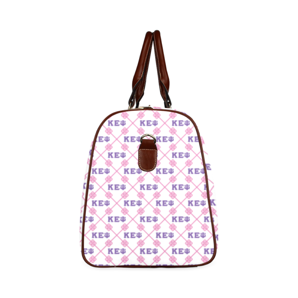 Designer style pink patterned backpack with brown accents.
