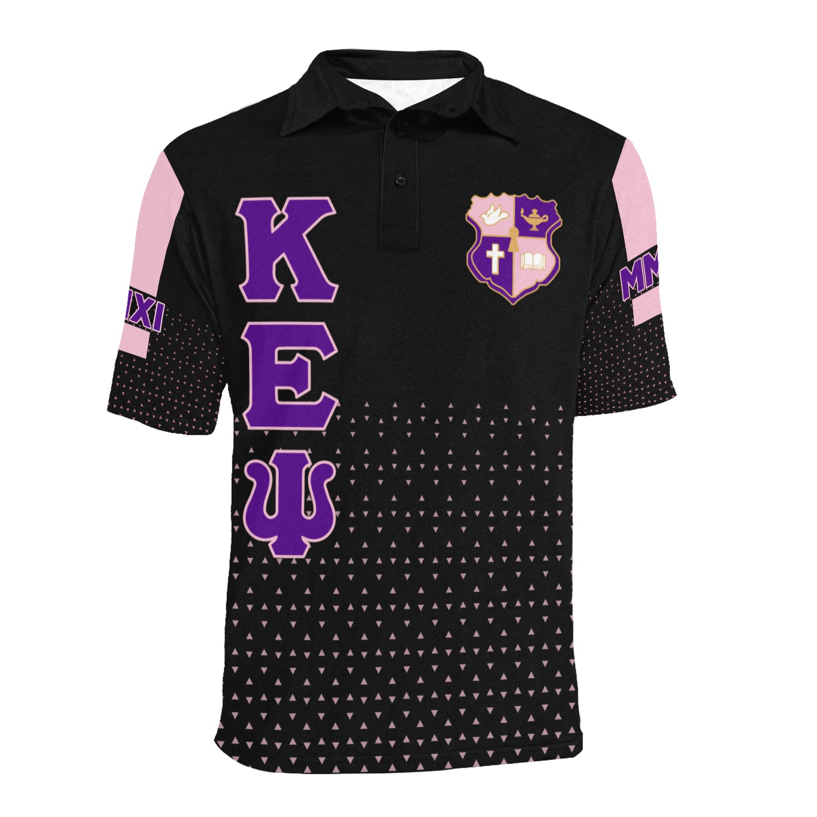 Black and purple Greek-lettered polo shirt design.