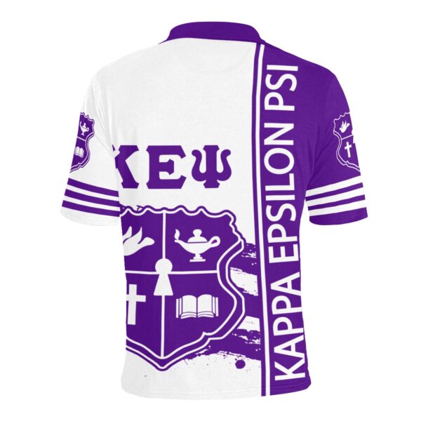 Purple and white fraternity jersey with crest design.