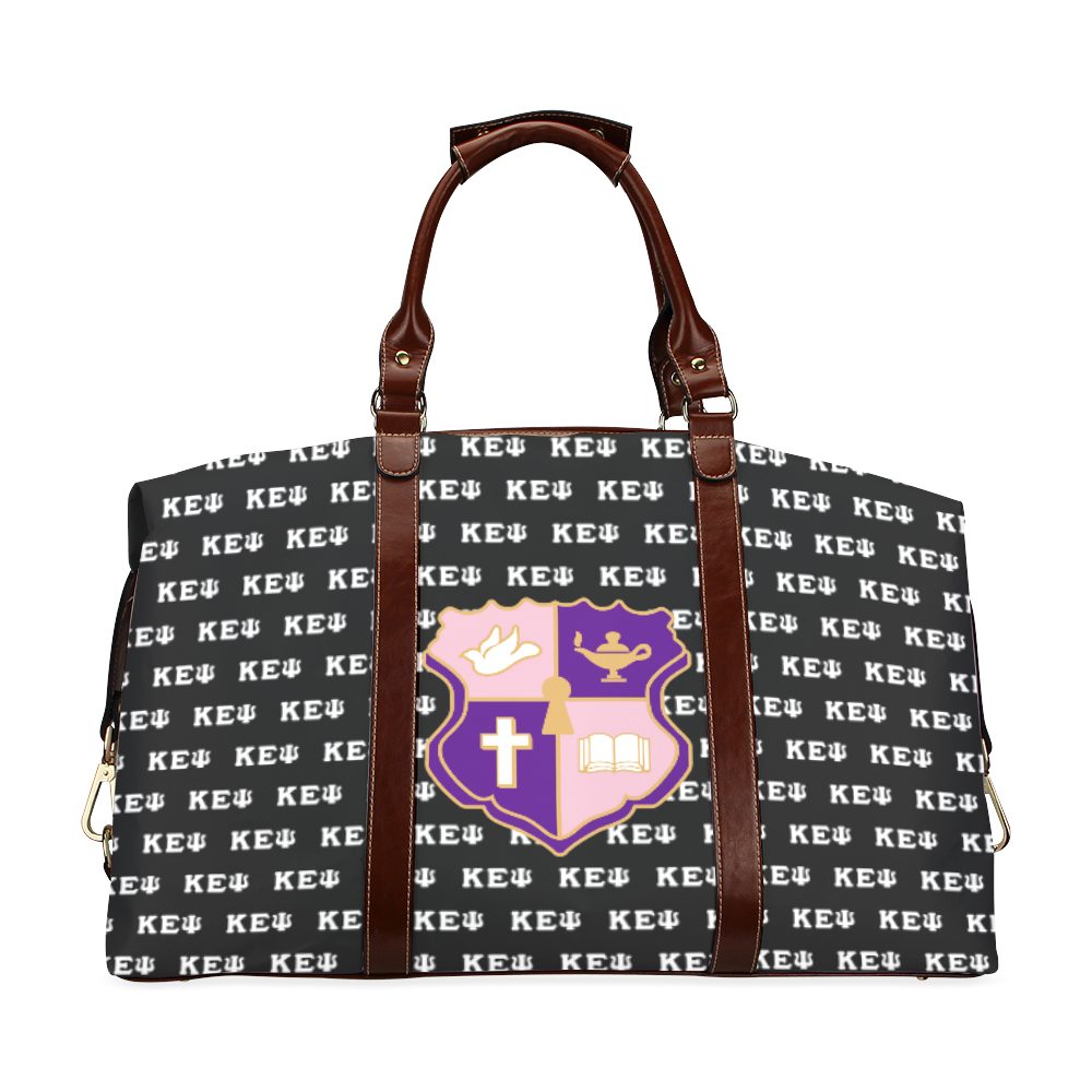 Designer monogram handbag with emblem-decoration.