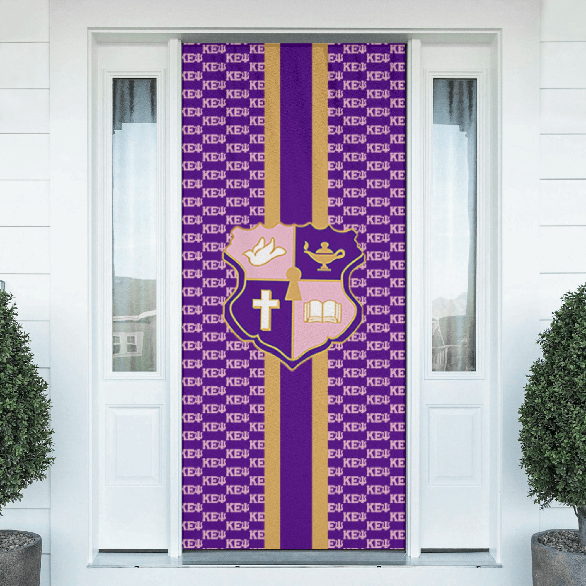 Door banner with purple crest design.