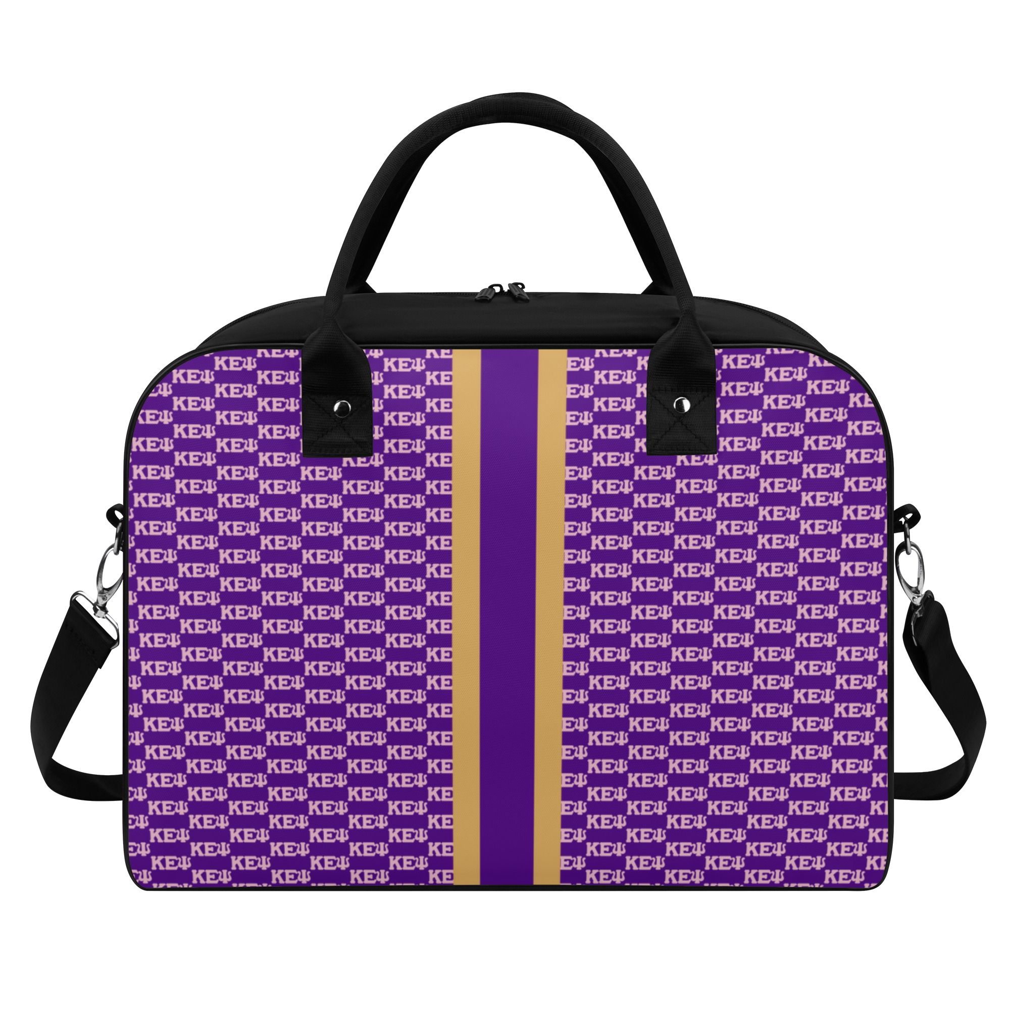 Patterned duffle bag with purple stripe