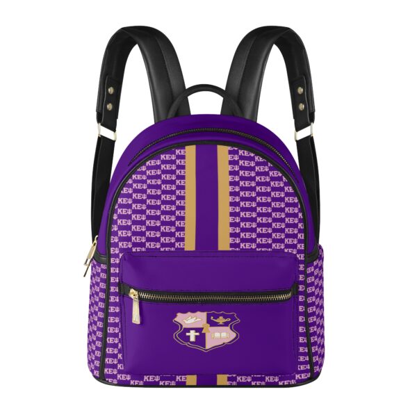 Purple designer backpack with logo pattern and front pocket.
