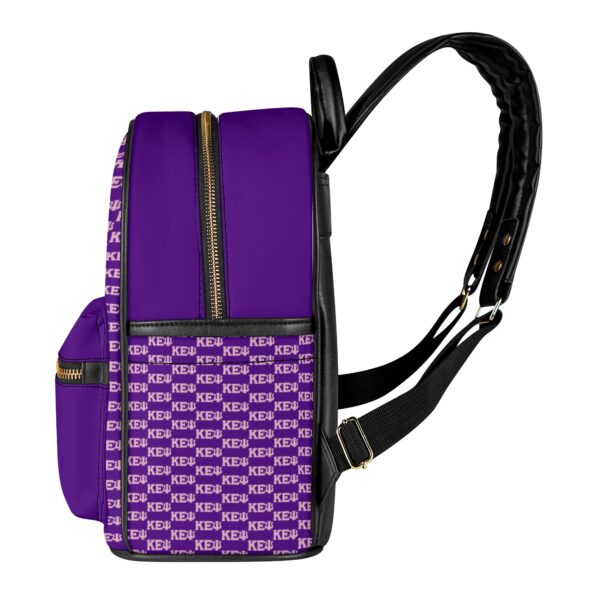 Purple backpack with patterned design and zipper.