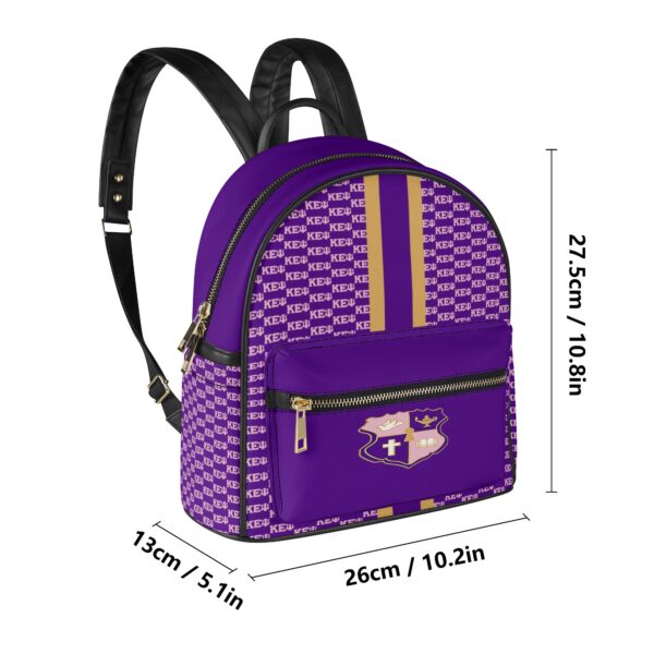 Purple backpack with pattern and dimensions.