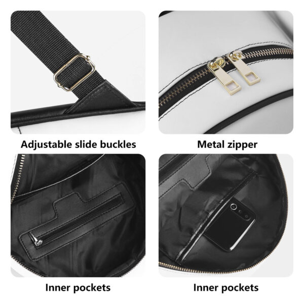 Detailed bag features: buckles, metal zipper, and inner pockets.
