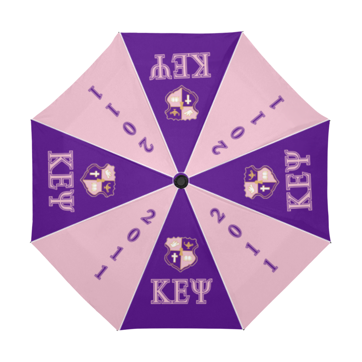 Purple and pink umbrella with key emblem.