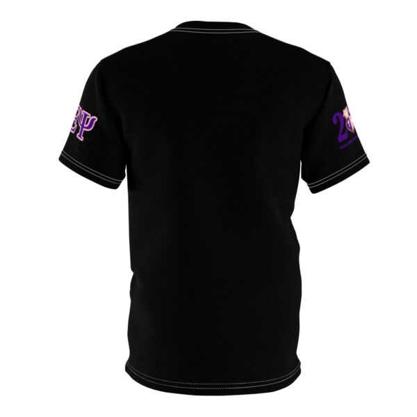 Black custom t-shirt with purple sleeve embroidery.