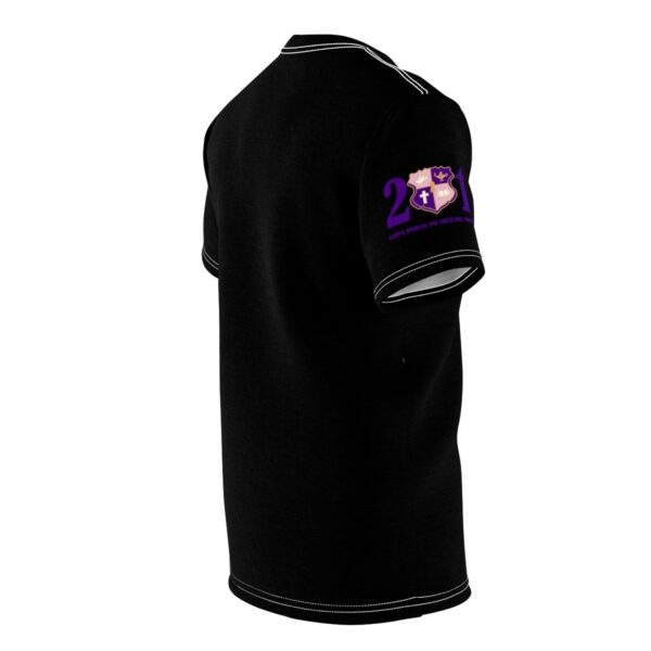 Black t-shirt with purple logo on sleeve.