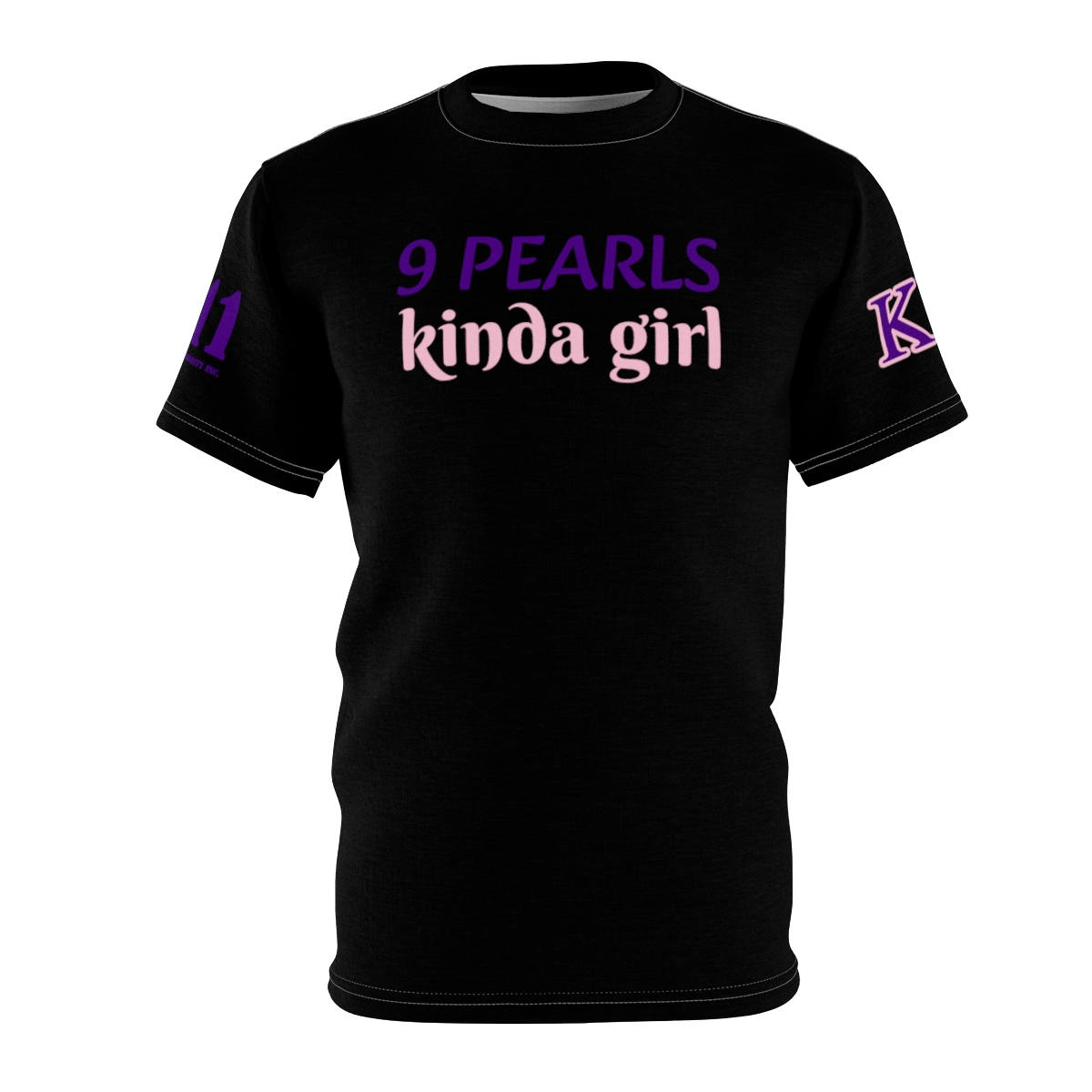 Black t-shirt with a quote 9 pearls kinda girl; text design.