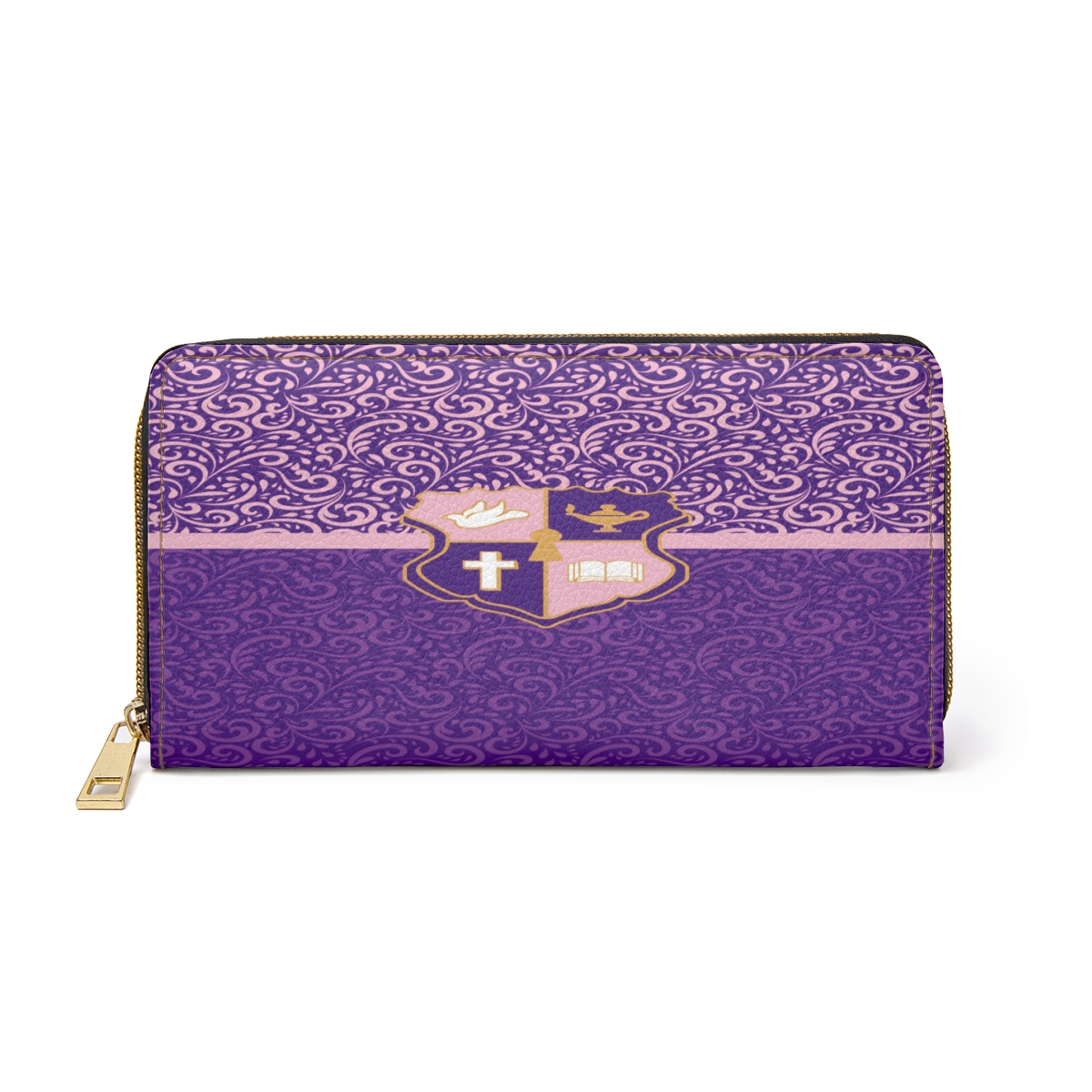 Purple designer wallet with ornate pattern and crest.