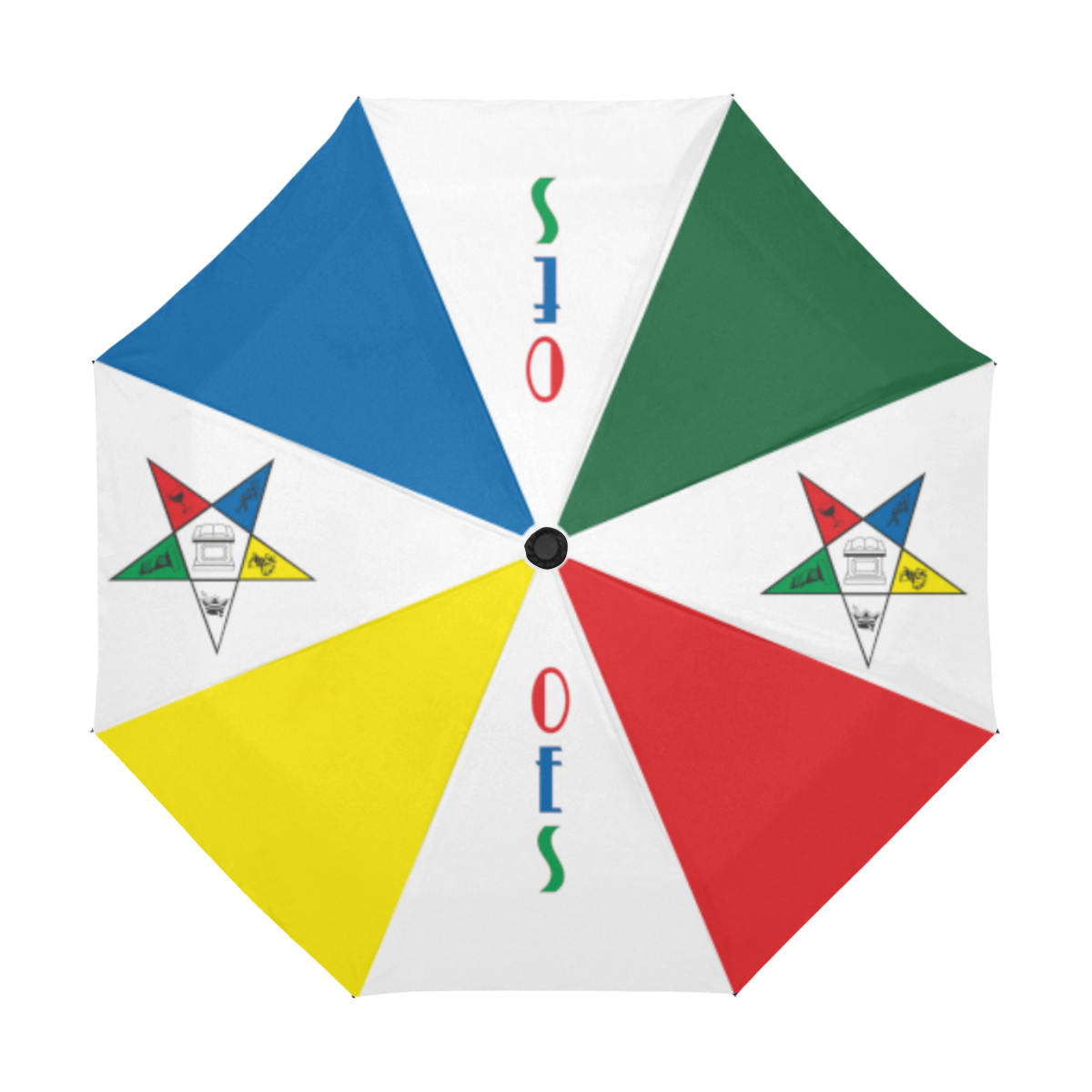 Colorful umbrella with geometric patterns and symbols.
